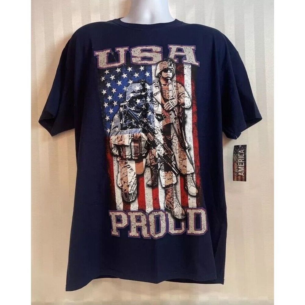 USA‎ PROUD American Flag Soldiers T Shirt Small Dark Blue Xl
